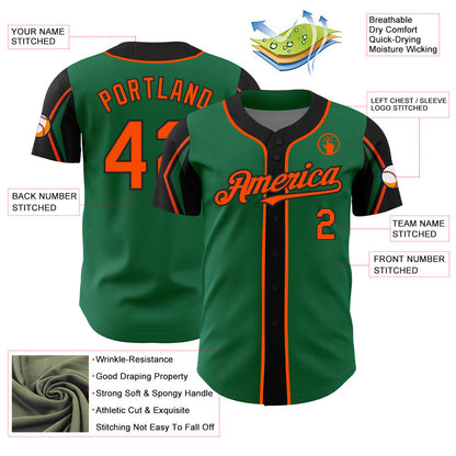 Custom Kelly Green Orange-Black 3 Colors Arm Shapes Authentic Baseball Jersey - Sky-Custom