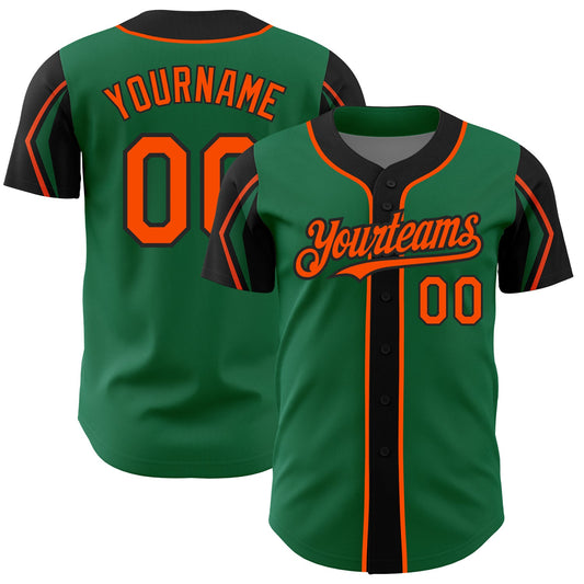Custom Kelly Green Orange-Black 3 Colors Arm Shapes Authentic Baseball Jersey - Sky-Custom