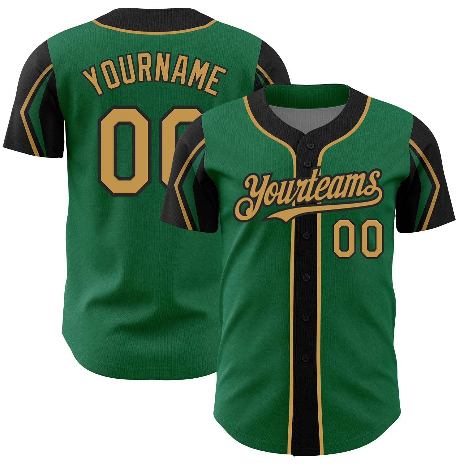 Custom Kelly Green Old Gold-Black 3 Colors Arm Shapes Authentic Baseball Jersey - Sky-Custom