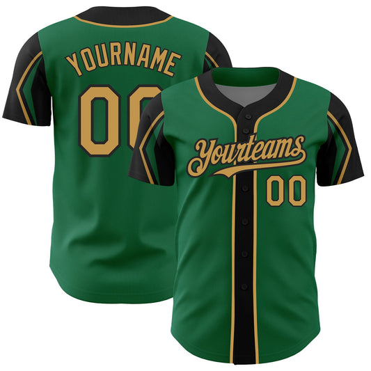 Custom Kelly Green Old Gold-Black 3 Colors Arm Shapes Authentic Baseball Jersey - Sky-Custom