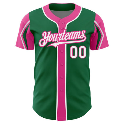 Custom Kelly Green White-Pink 3 Colors Arm Shapes Authentic Baseball Jersey - Sky-Custom