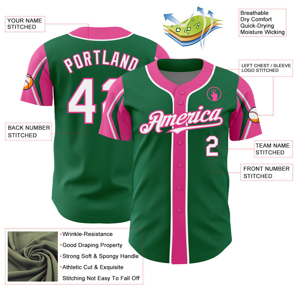 Custom Kelly Green White-Pink 3 Colors Arm Shapes Authentic Baseball Jersey - Sky-Custom