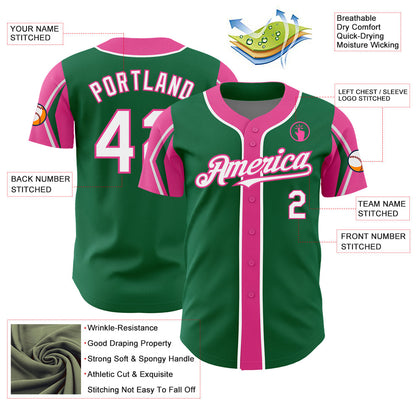 Custom Kelly Green White-Pink 3 Colors Arm Shapes Authentic Baseball Jersey - Sky-Custom