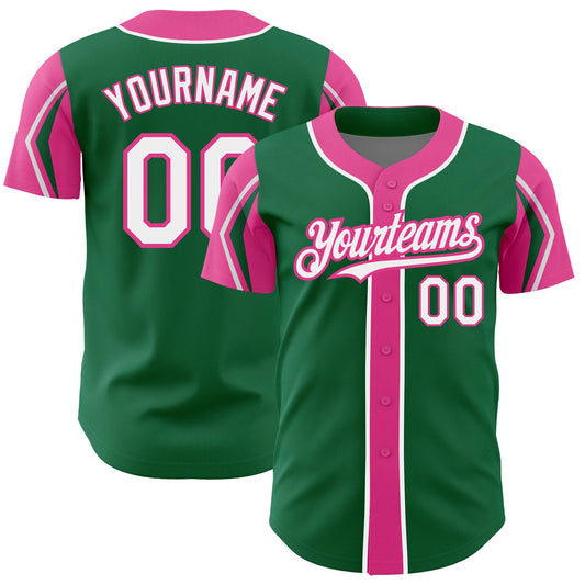 Custom Kelly Green White-Pink 3 Colors Arm Shapes Authentic Baseball Jersey - Sky-Custom