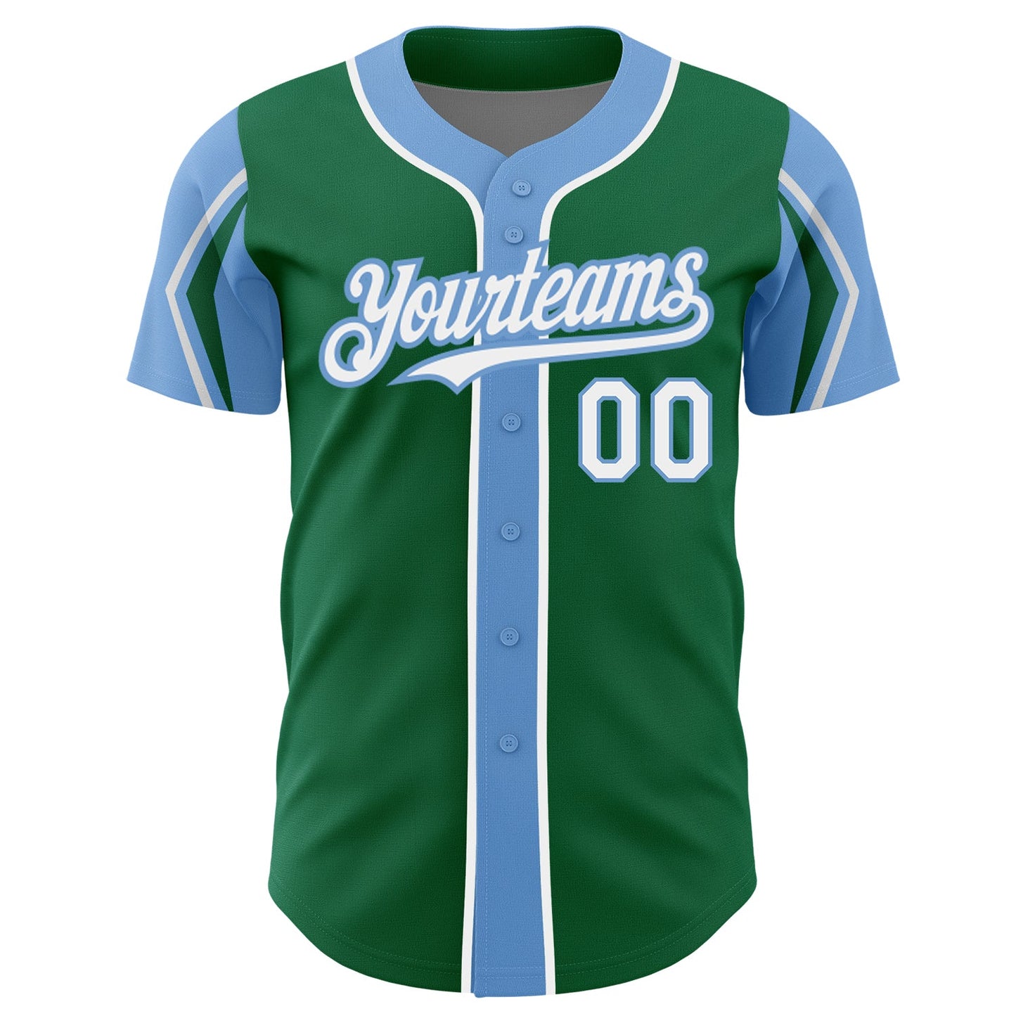 Custom Kelly Green White-Light Blue 3 Colors Arm Shapes Authentic Baseball Jersey - Sky-Custom