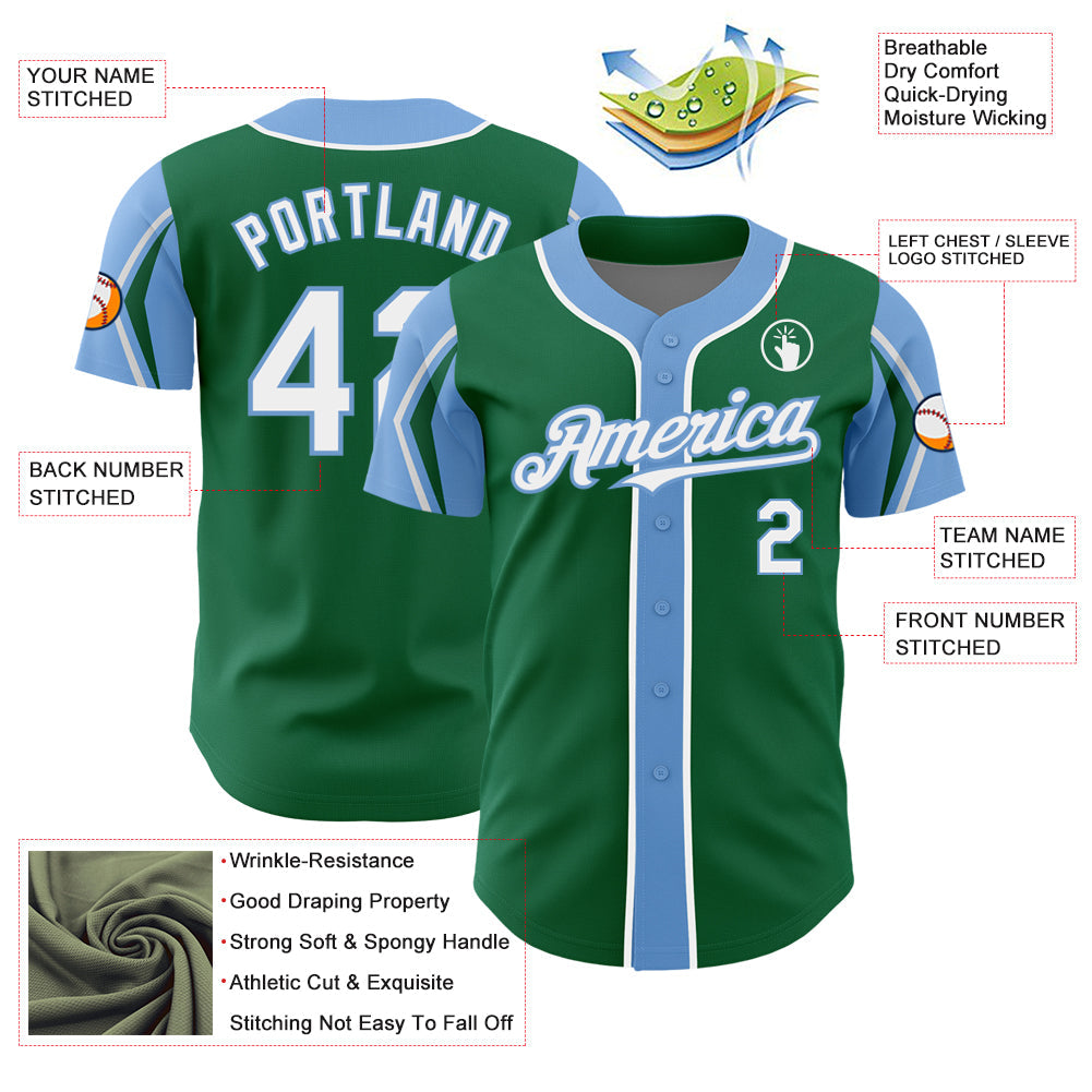 Custom Kelly Green White-Light Blue 3 Colors Arm Shapes Authentic Baseball Jersey - Sky-Custom
