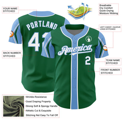 Custom Kelly Green White-Light Blue 3 Colors Arm Shapes Authentic Baseball Jersey - Sky-Custom