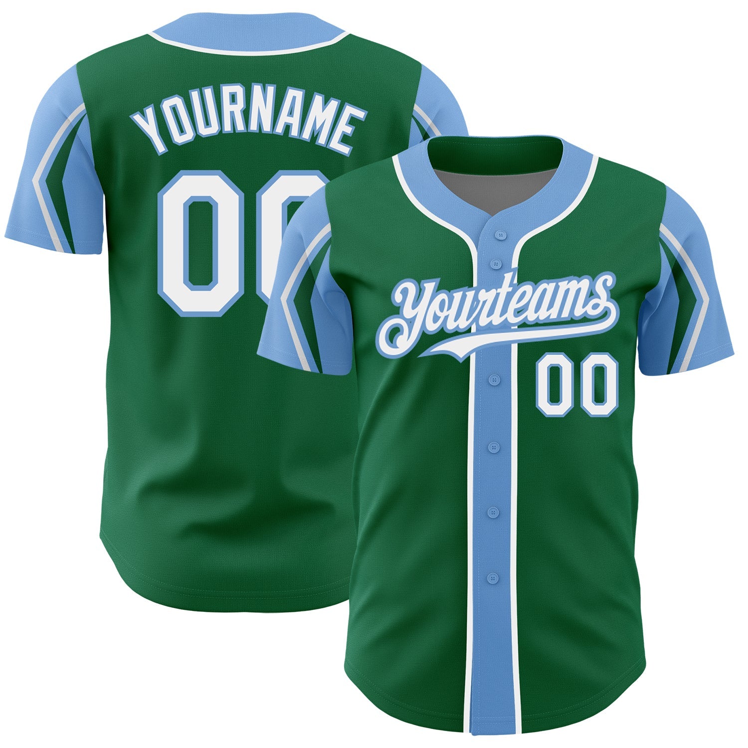 Custom Kelly Green White-Light Blue 3 Colors Arm Shapes Authentic Baseball Jersey - Sky-Custom