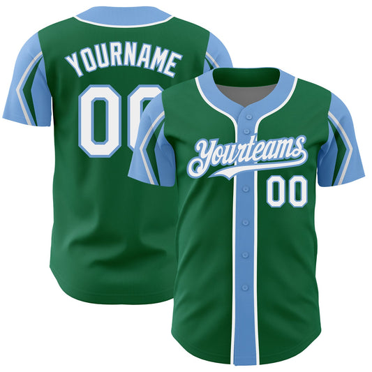 Custom Kelly Green White-Light Blue 3 Colors Arm Shapes Authentic Baseball Jersey - Sky-Custom