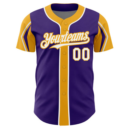 Custom Purple White-Gold 3 Colors Arm Shapes Authentic Baseball Jersey - Sky-Custom