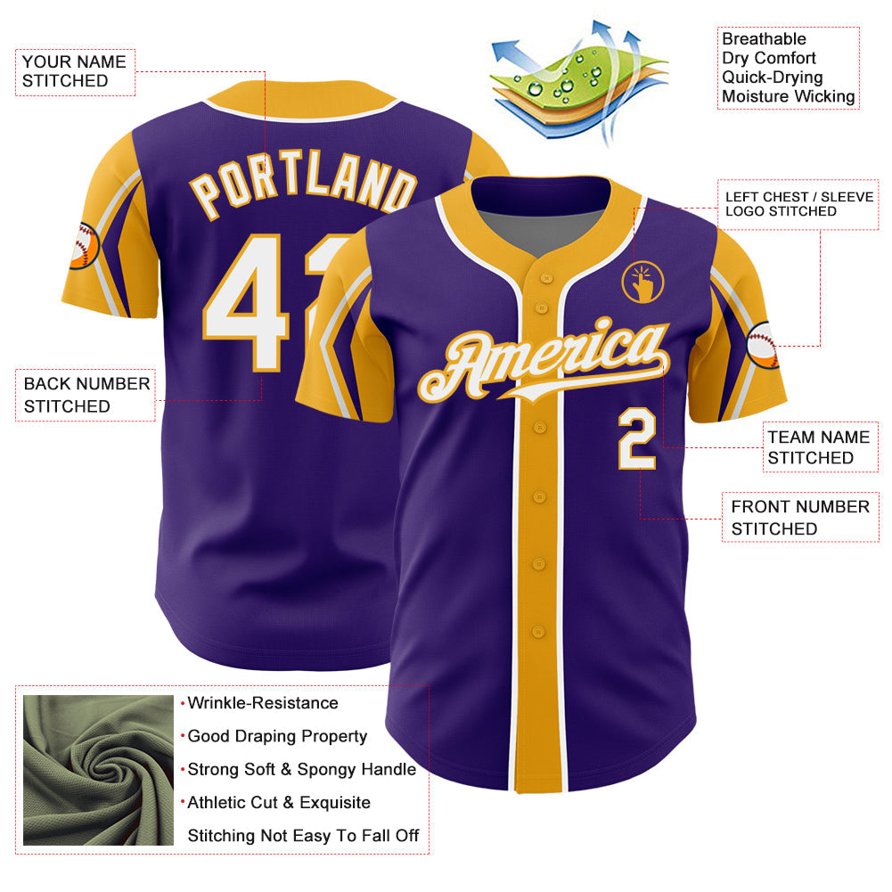 Custom Purple White-Gold 3 Colors Arm Shapes Authentic Baseball Jersey - Sky-Custom