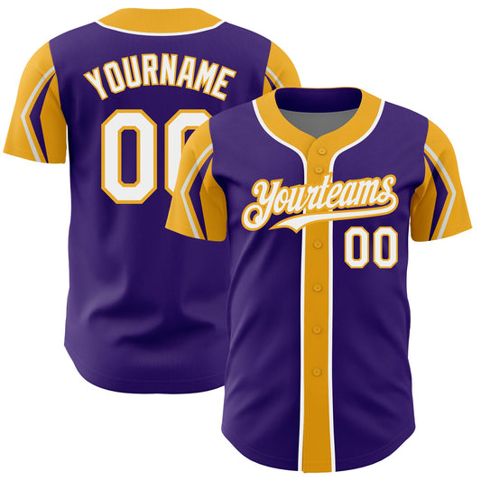 Custom Purple White-Gold 3 Colors Arm Shapes Authentic Baseball Jersey - Sky-Custom