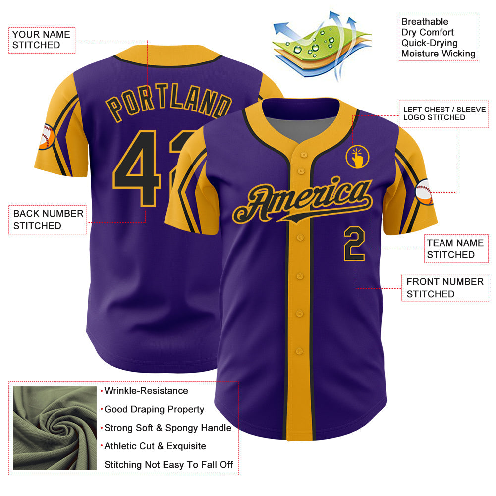 Custom Purple Black-Gold 3 Colors Arm Shapes Authentic Baseball Jersey - Sky-Custom