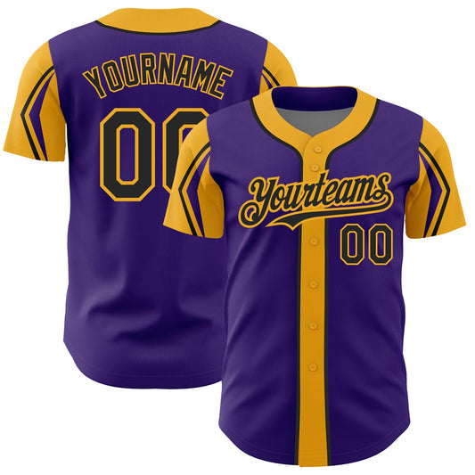 Custom Purple Black-Gold 3 Colors Arm Shapes Authentic Baseball Jersey - Sky-Custom