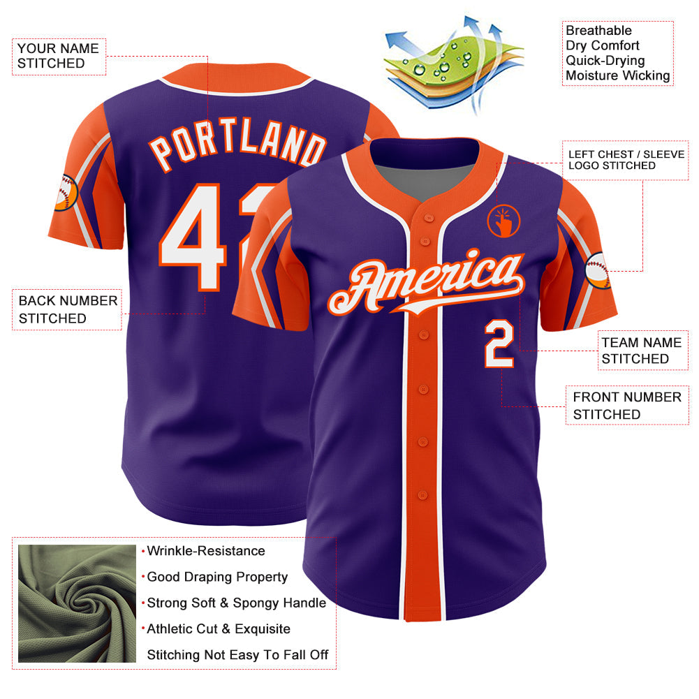Custom Purple White-Orange 3 Colors Arm Shapes Authentic Baseball Jersey - Sky-Custom
