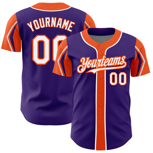 Custom Purple White-Orange 3 Colors Arm Shapes Authentic Baseball Jersey - Sky-Custom