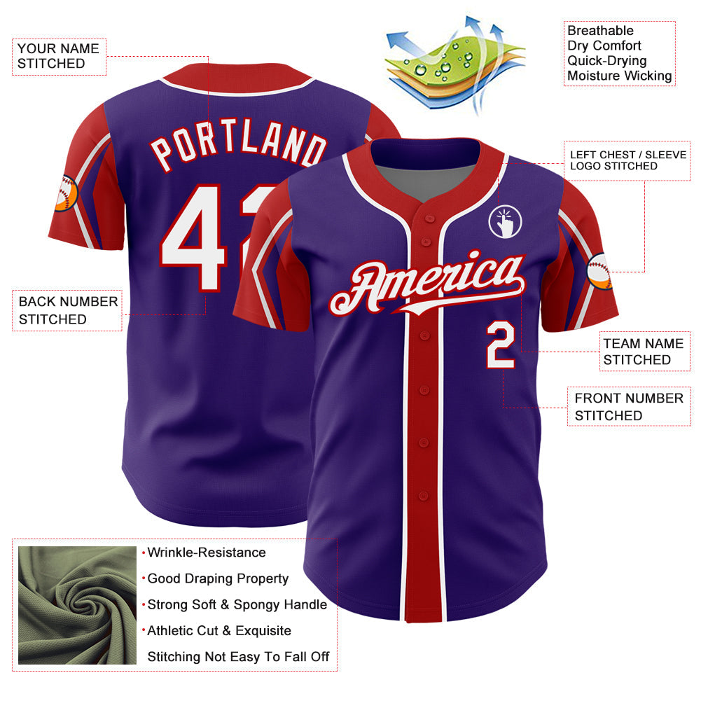Custom Purple White-Red 3 Colors Arm Shapes Authentic Baseball Jersey - Sky-Custom