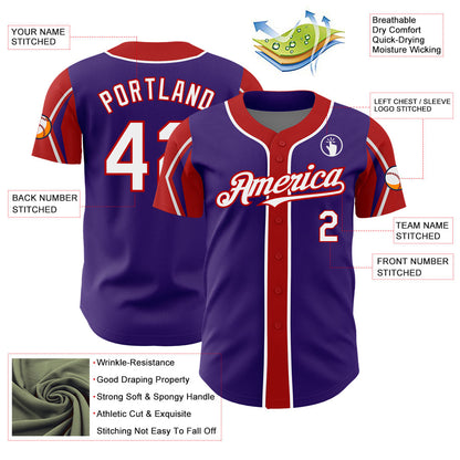 Custom Purple White-Red 3 Colors Arm Shapes Authentic Baseball Jersey - Sky-Custom