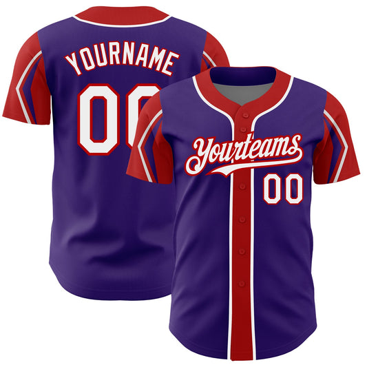 Custom Purple White-Red 3 Colors Arm Shapes Authentic Baseball Jersey - Sky-Custom
