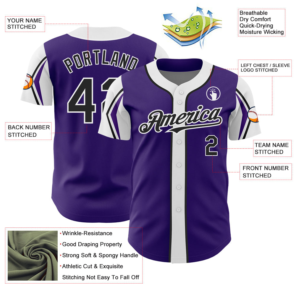 Custom Purple Black-White 3 Colors Arm Shapes Authentic Baseball Jersey - Sky-Custom