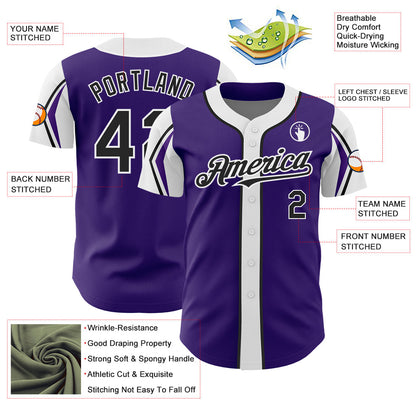 Custom Purple Black-White 3 Colors Arm Shapes Authentic Baseball Jersey - Sky-Custom