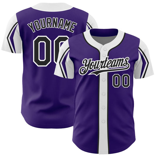 Custom Purple Black-White 3 Colors Arm Shapes Authentic Baseball Jersey - Sky-Custom