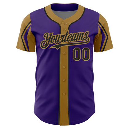 Custom Purple Black-Old Gold 3 Colors Arm Shapes Authentic Baseball Jersey - Sky-Custom