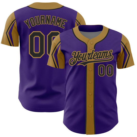 Custom Purple Black-Old Gold 3 Colors Arm Shapes Authentic Baseball Jersey - Sky-Custom