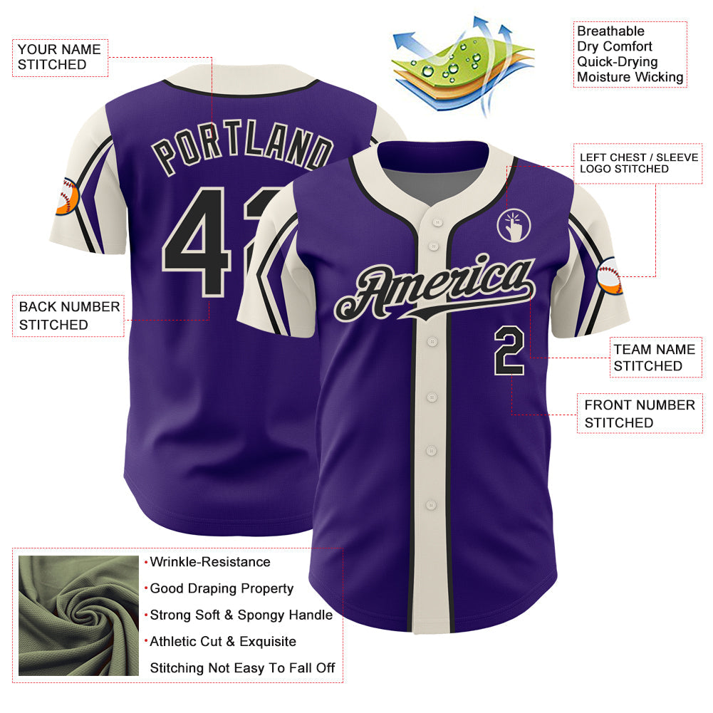 Custom Purple Black-Cream 3 Colors Arm Shapes Authentic Baseball Jersey - Sky-Custom