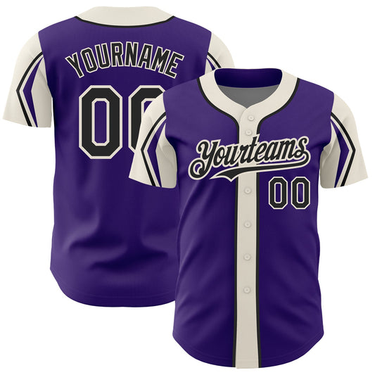 Custom Purple Black-Cream 3 Colors Arm Shapes Authentic Baseball Jersey - Sky-Custom