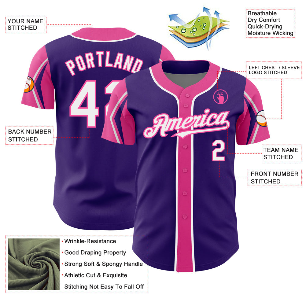 Custom Purple White-Pink 3 Colors Arm Shapes Authentic Baseball Jersey - Sky-Custom