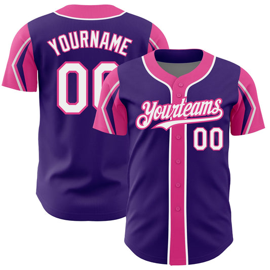 Custom Purple White-Pink 3 Colors Arm Shapes Authentic Baseball Jersey - Sky-Custom