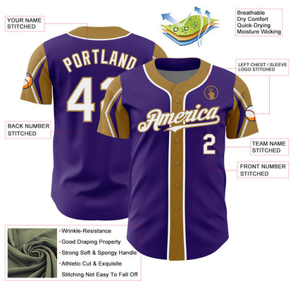 Custom Purple White-Old Gold 3 Colors Arm Shapes Authentic Baseball Jersey - Sky-Custom