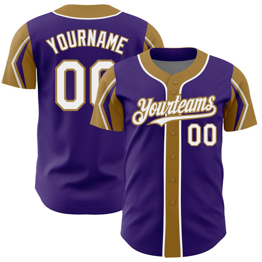 Custom Purple White-Old Gold 3 Colors Arm Shapes Authentic Baseball Jersey - Sky-Custom