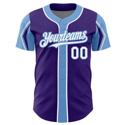 Custom Purple White-Light Blue 3 Colors Arm Shapes Authentic Baseball Jersey - Sky-Custom
