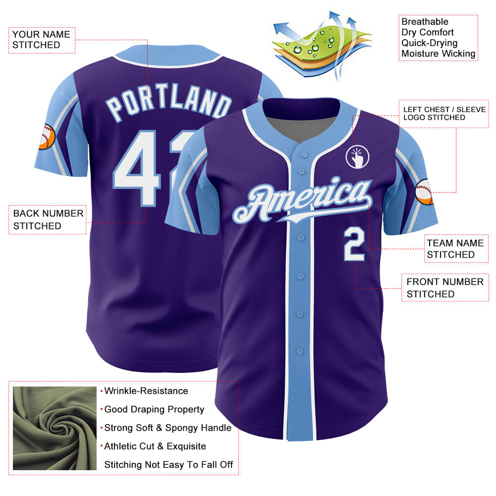 Custom Purple White-Light Blue 3 Colors Arm Shapes Authentic Baseball Jersey - Sky-Custom