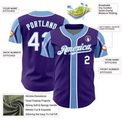 Custom Purple White-Light Blue 3 Colors Arm Shapes Authentic Baseball Jersey - Sky-Custom
