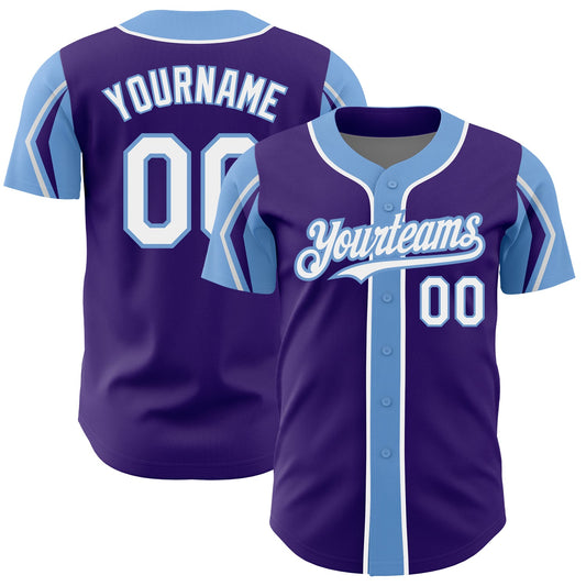 Custom Purple White-Light Blue 3 Colors Arm Shapes Authentic Baseball Jersey - Sky-Custom