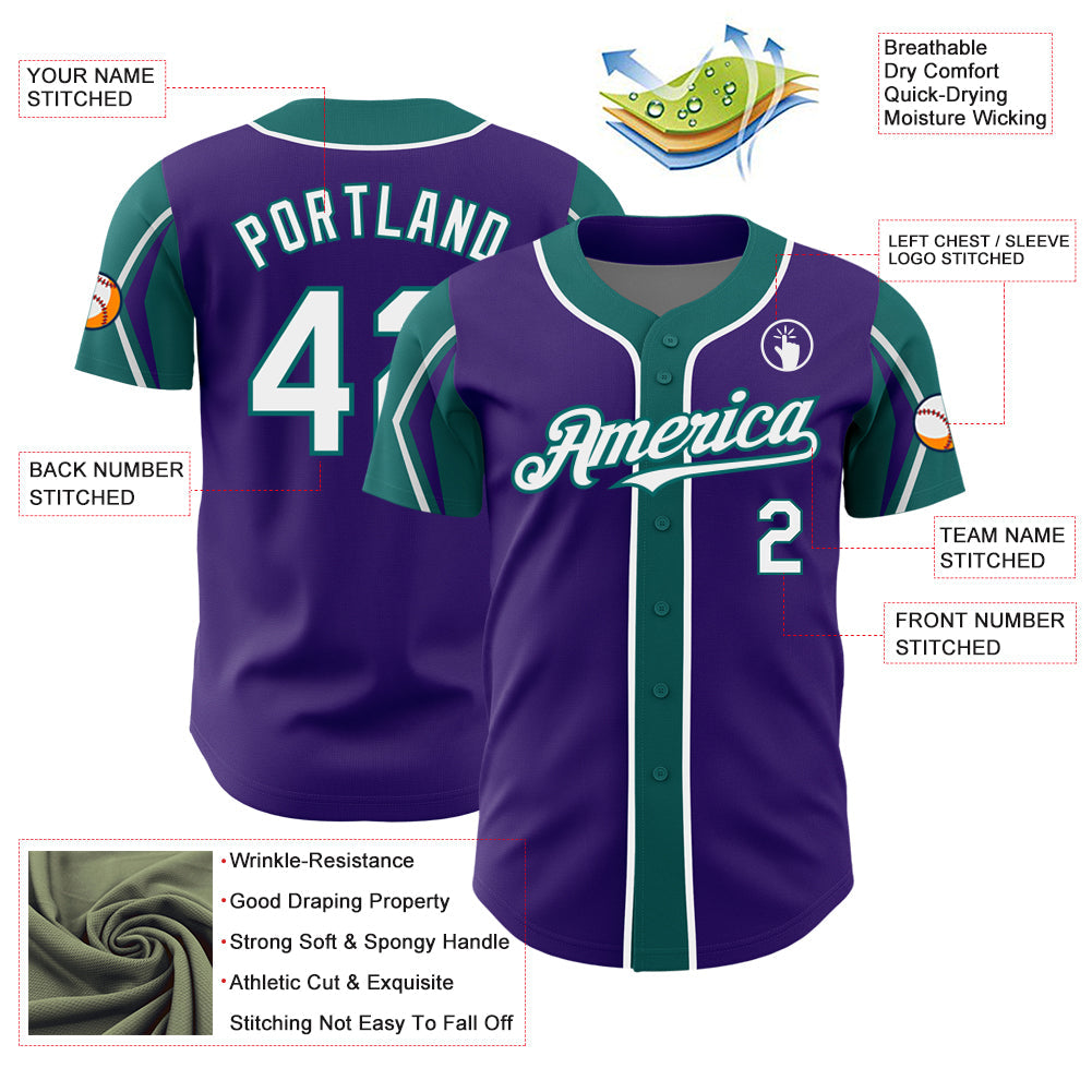 Custom Purple White-Teal 3 Colors Arm Shapes Authentic Baseball Jersey - Sky-Custom
