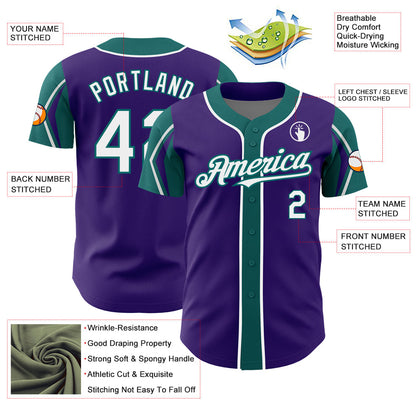 Custom Purple White-Teal 3 Colors Arm Shapes Authentic Baseball Jersey - Sky-Custom