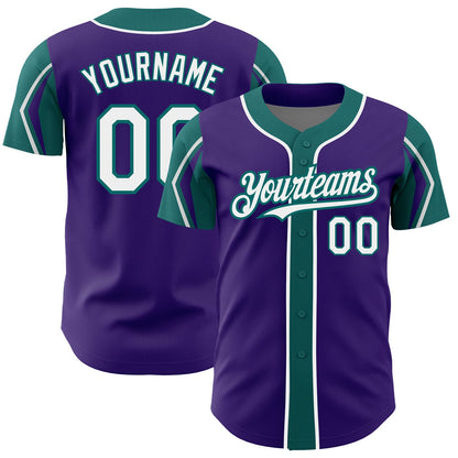 Custom Purple White-Teal 3 Colors Arm Shapes Authentic Baseball Jersey - Sky-Custom