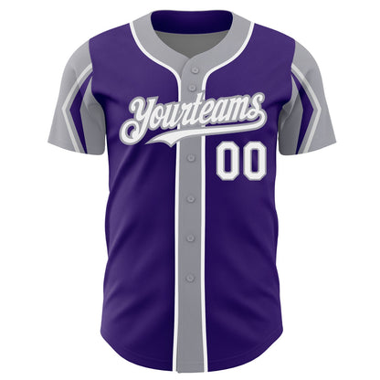 Custom Purple White-Gray 3 Colors Arm Shapes Authentic Baseball Jersey - Sky-Custom