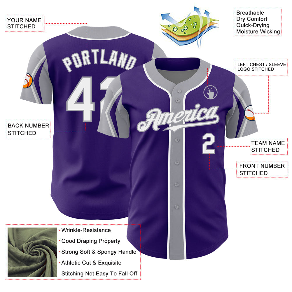 Custom Purple White-Gray 3 Colors Arm Shapes Authentic Baseball Jersey - Sky-Custom