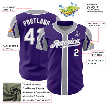 Custom Purple White-Gray 3 Colors Arm Shapes Authentic Baseball Jersey - Sky-Custom