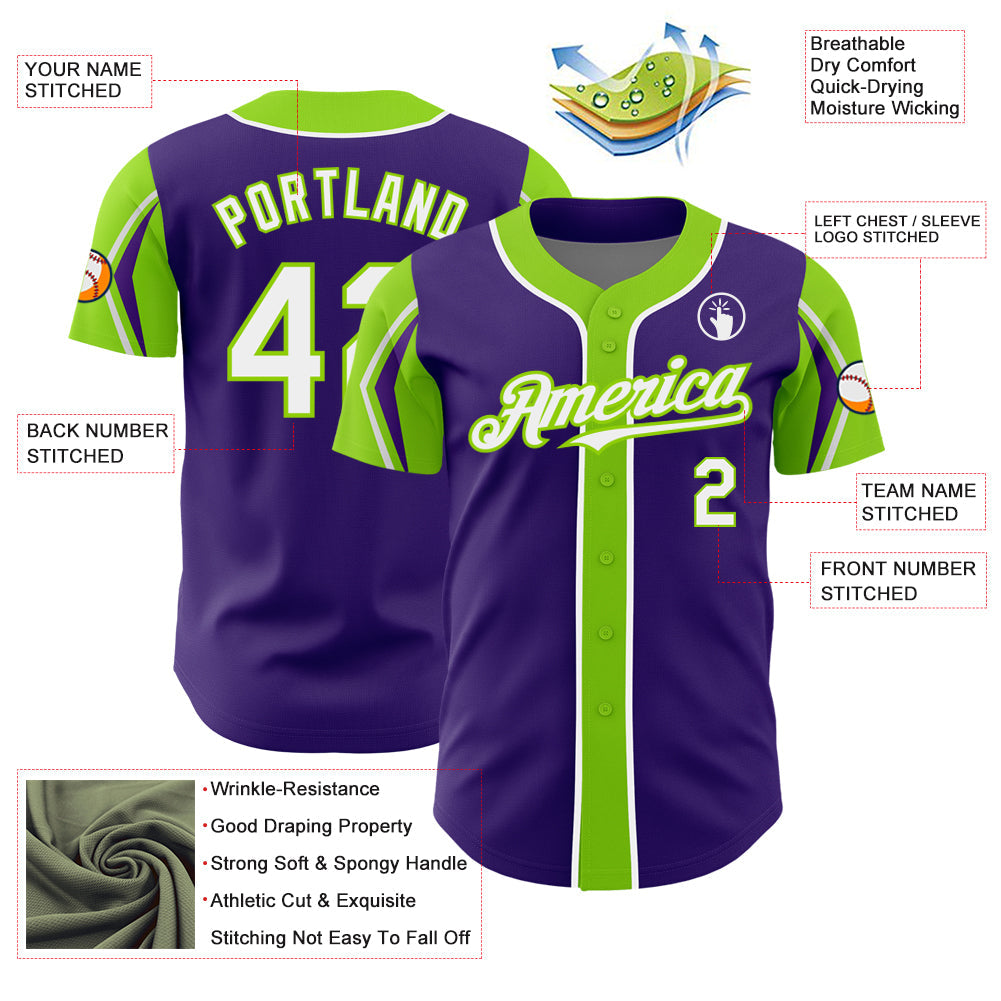 Custom Purple White-Neon Green 3 Colors Arm Shapes Authentic Baseball Jersey - Sky-Custom