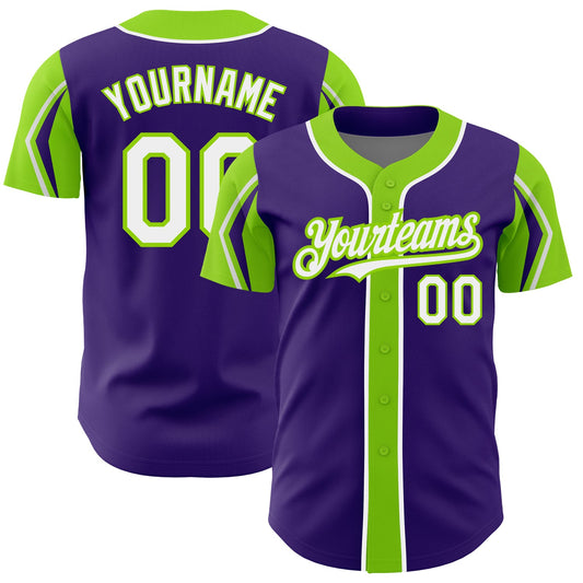 Custom Purple White-Neon Green 3 Colors Arm Shapes Authentic Baseball Jersey - Sky-Custom