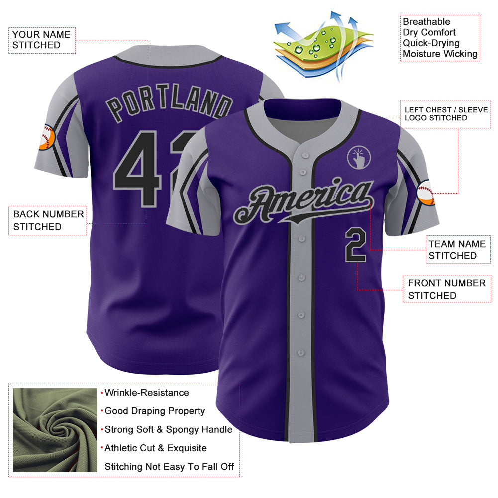Custom Purple Black-Gray 3 Colors Arm Shapes Authentic Baseball Jersey - Sky-Custom