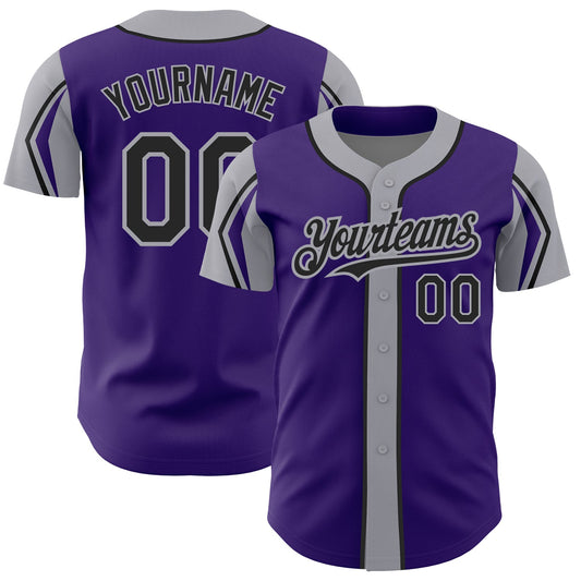 Custom Purple Black-Gray 3 Colors Arm Shapes Authentic Baseball Jersey - Sky-Custom