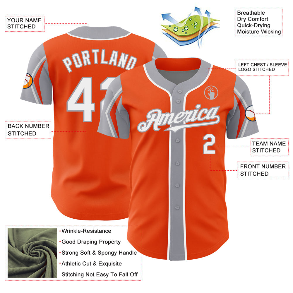 Custom Orange White-Gray 3 Colors Arm Shapes Authentic Baseball Jersey - Sky-Custom