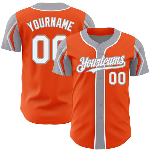 Custom Orange White-Gray 3 Colors Arm Shapes Authentic Baseball Jersey - Sky-Custom